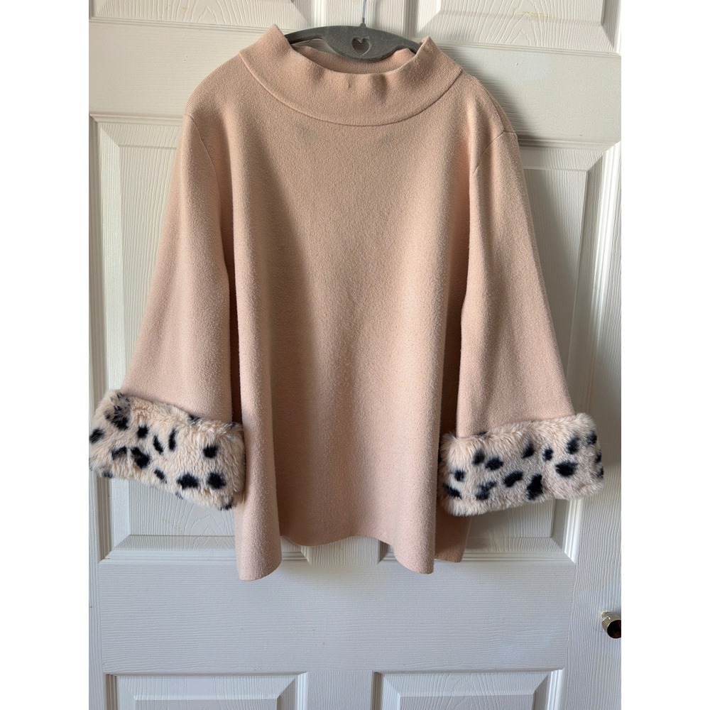 Fate Mock Neck Sweater Womens Medium Tan Leopard Faux Fur Cuffs Glam Animal
